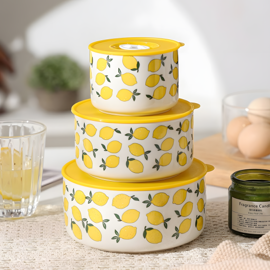 Lemon Pattern Porcelain Tupperware Set - 3 Pcs